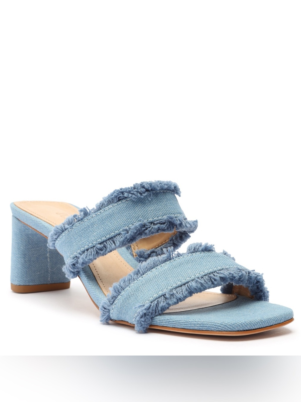 SCHUTZ Amely Mid Block Denim Leather Sandal in Summer Jean Blue 7.5